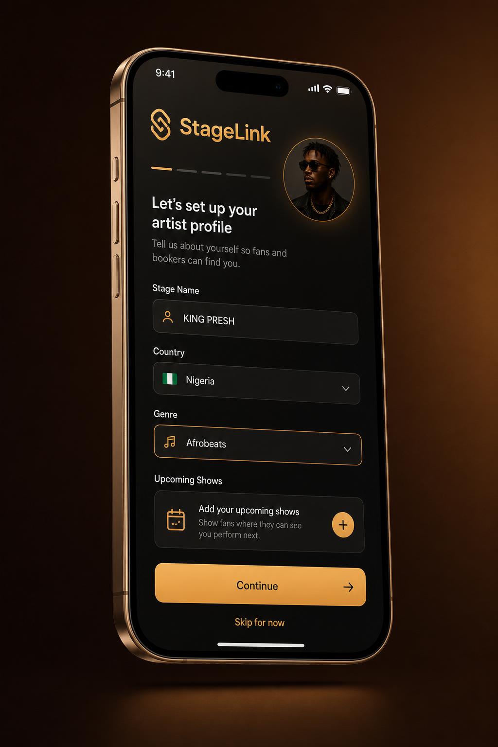 StageLink app artist profile onboarding screen