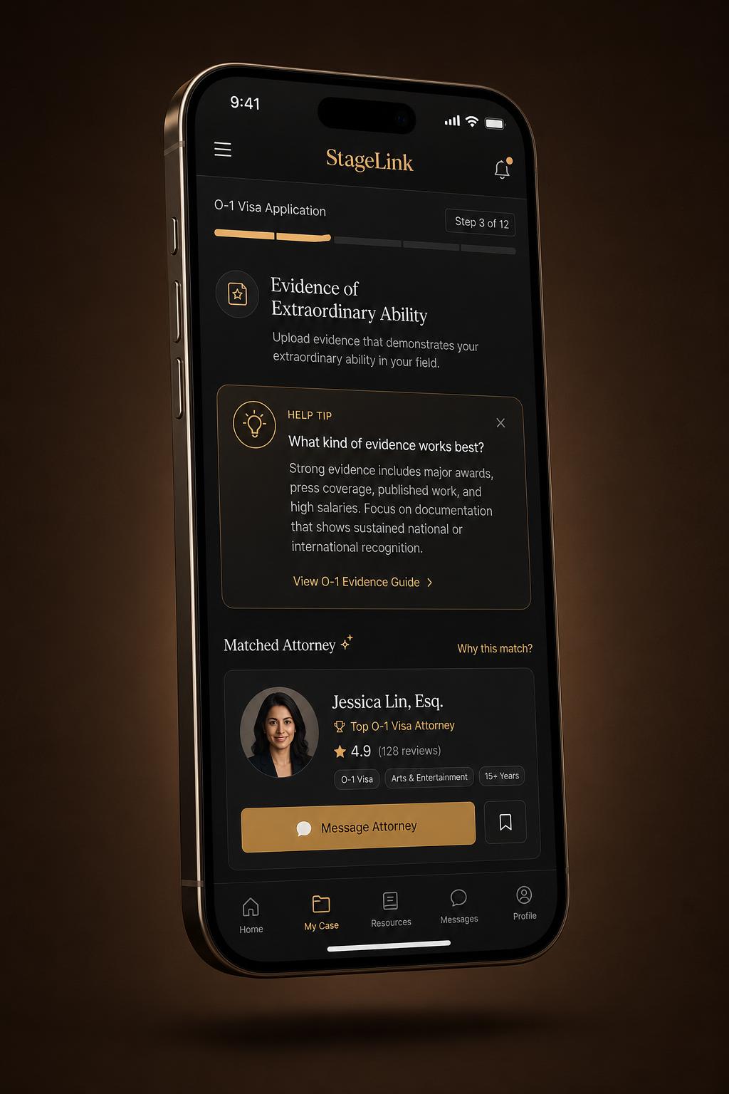 StageLink app guided visa step with matched professional