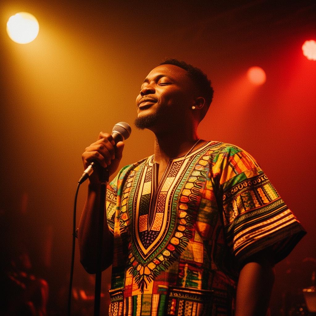 An Afrobeat artist in traditional attire performing live