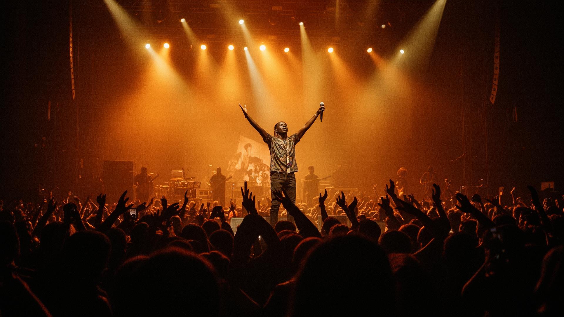 An African artist performing on stage under warm amber lights